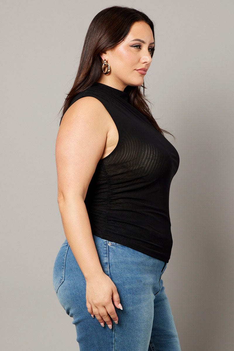 Black Mesh Tank Top Sleeveless Mock Neck Ruched - Image 4
