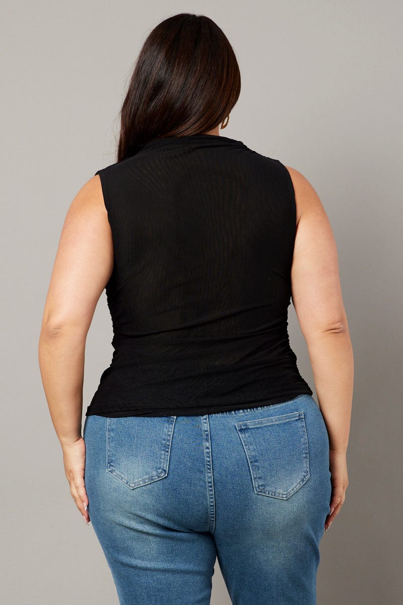 Black Mesh Tank Top Sleeveless Mock Neck Ruched - Image 5