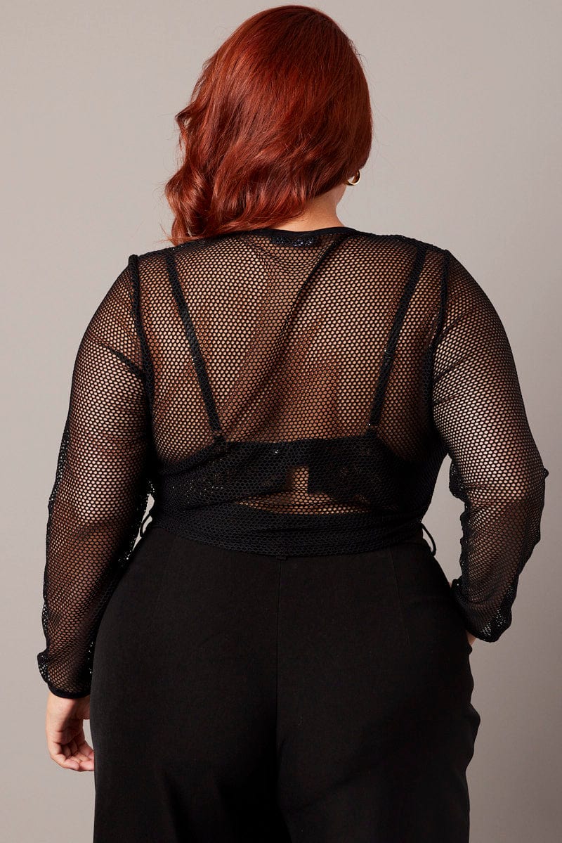 Black Mesh Top Long Sleeve Crew Neck - Image 5