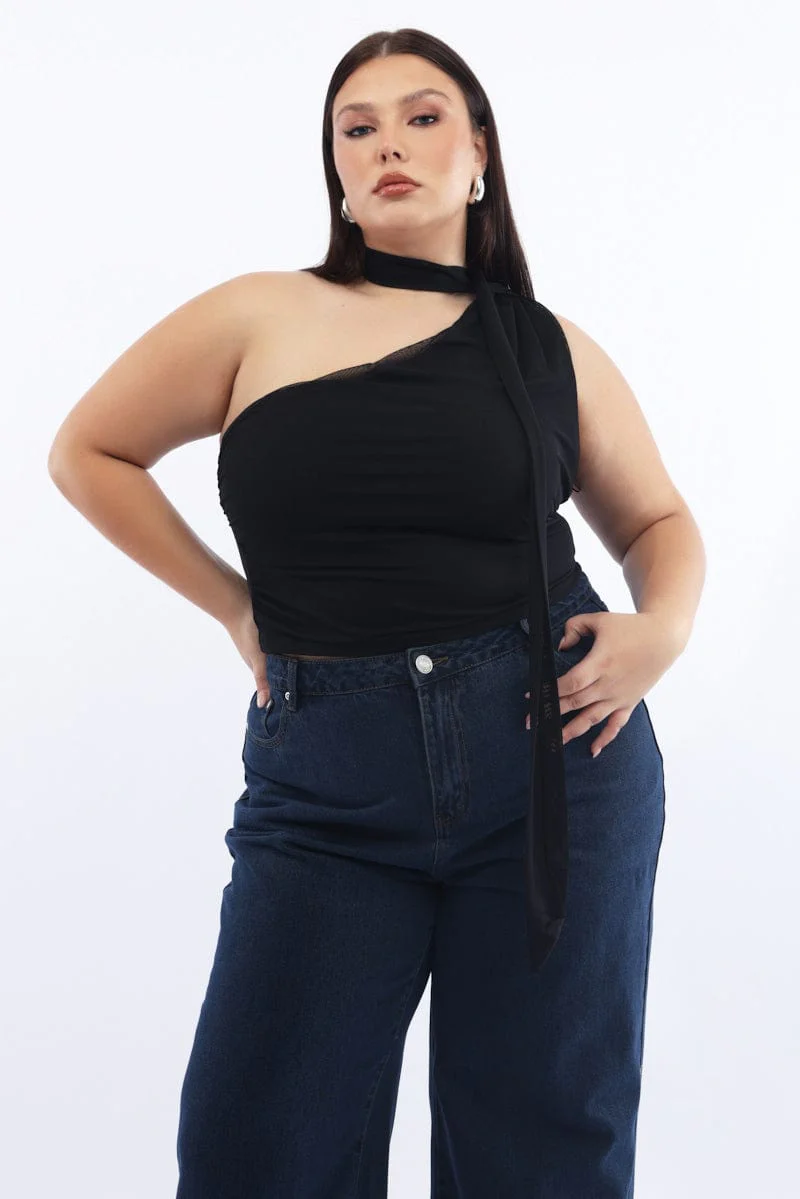 Black Mesh Top One Shoulder Scarf Detail - Image 2