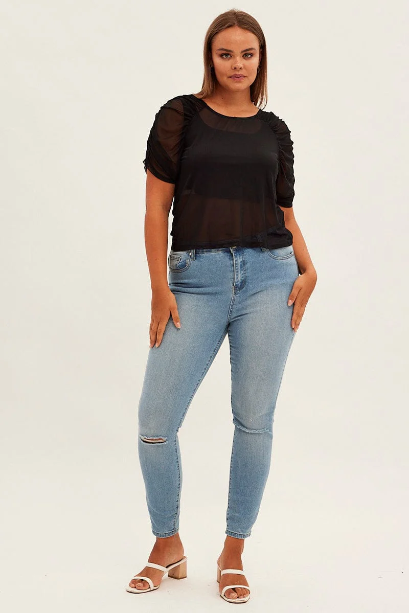 Black Mesh Top Ruched Sleeve Sheer Round Neck - Image 2