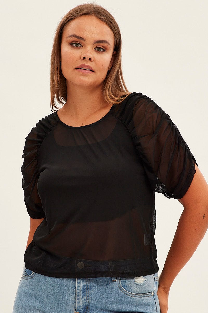 Black Mesh Top Ruched Sleeve Sheer Round Neck - Image 3