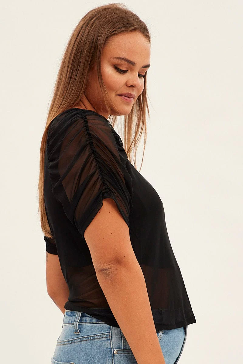 Black Mesh Top Ruched Sleeve Sheer Round Neck - Image 4
