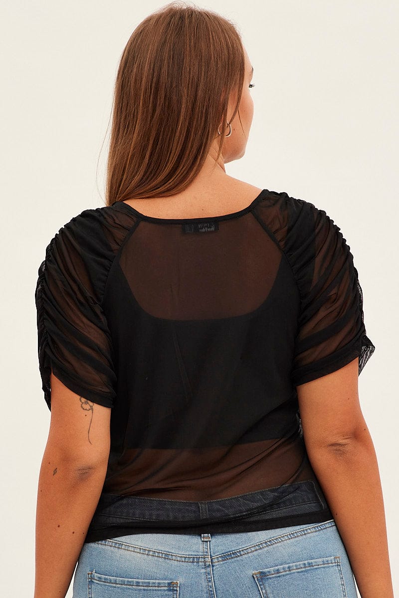 Black Mesh Top Ruched Sleeve Sheer Round Neck - Image 5