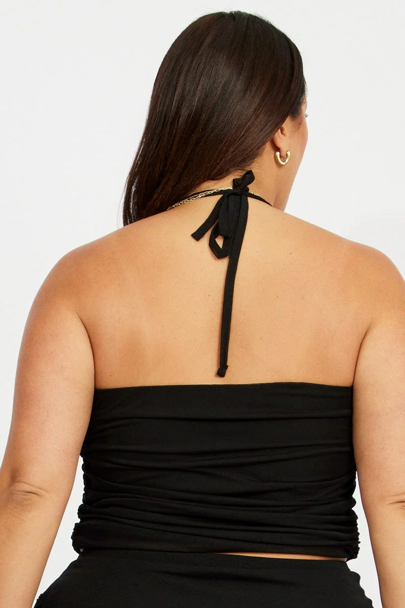 Black Mesh Top Shirred V Neck - Image 5