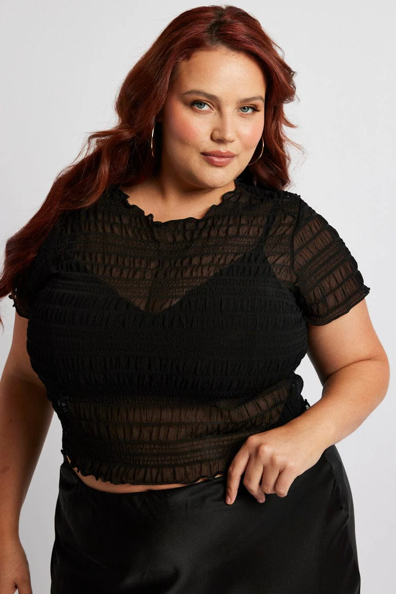 Black Mesh Top Short Sleeve Crew Neck