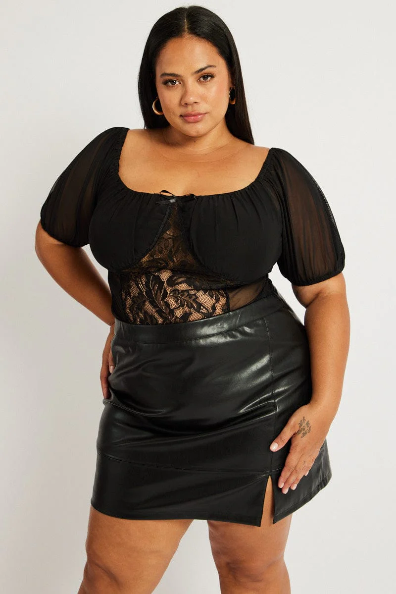 Black Mesh Top Short Sleeve Sweetheart Neckline Lace - Image 3