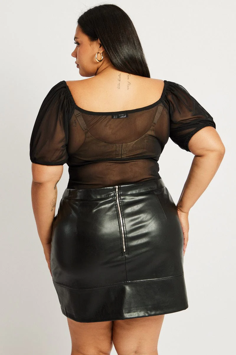 Black Mesh Top Short Sleeve Sweetheart Neckline Lace - Image 5