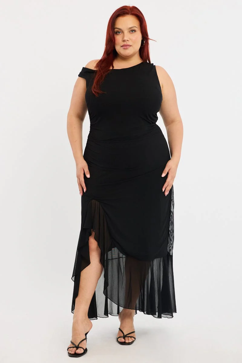 Black Midi Dress Asymmetric Shoulder Mesh Ruffle
