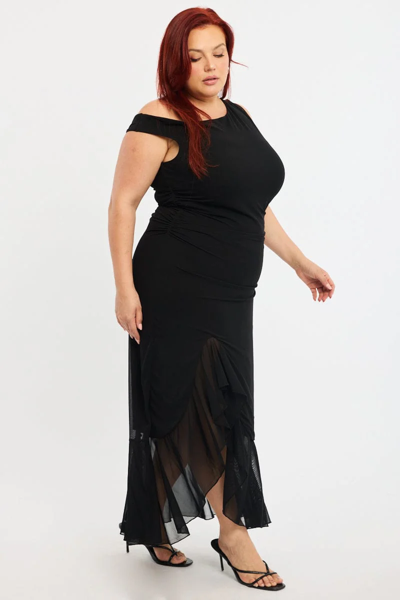 Black Midi Dress Asymmetric Shoulder Mesh Ruffle - Image 3