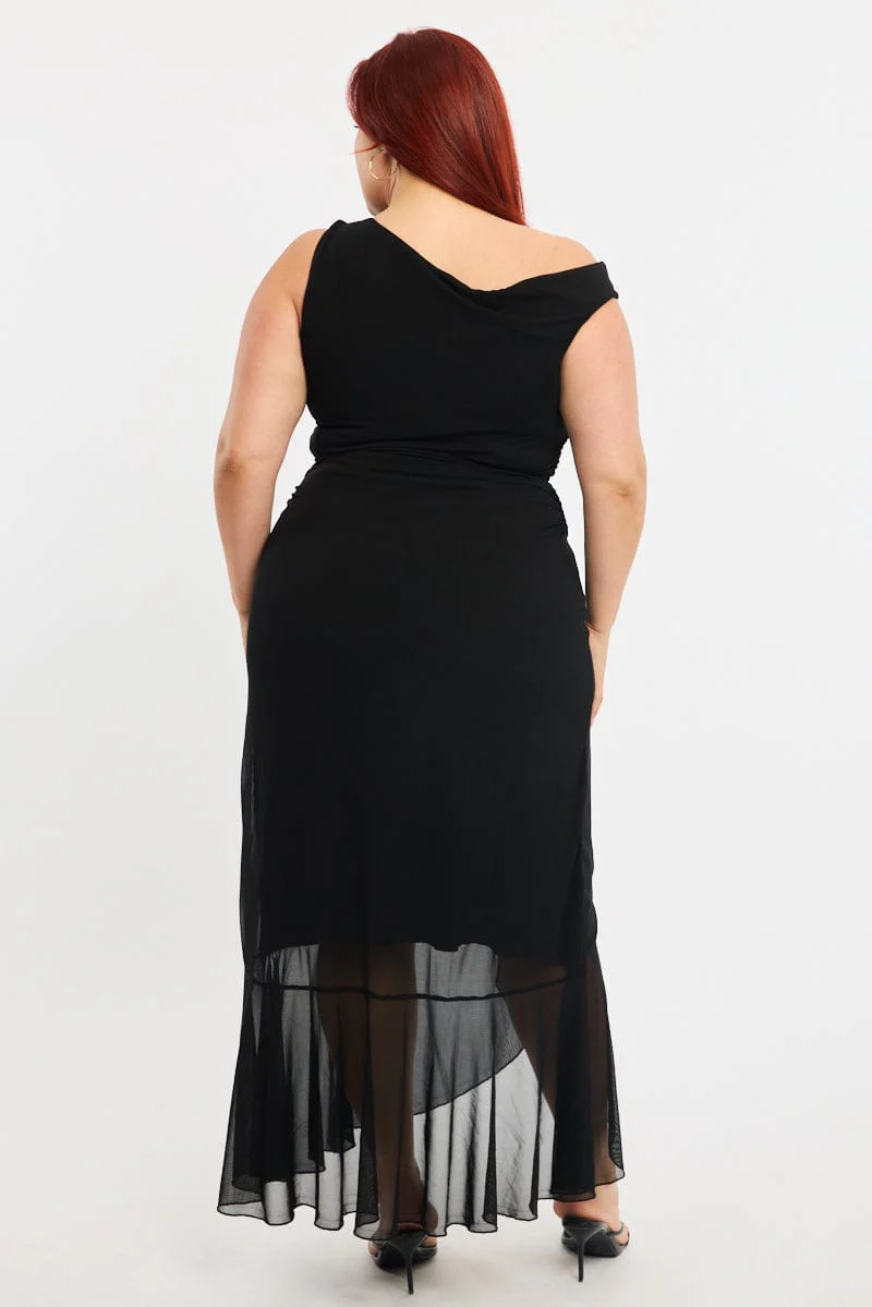 Black Midi Dress Asymmetric Shoulder Mesh Ruffle - Image 4