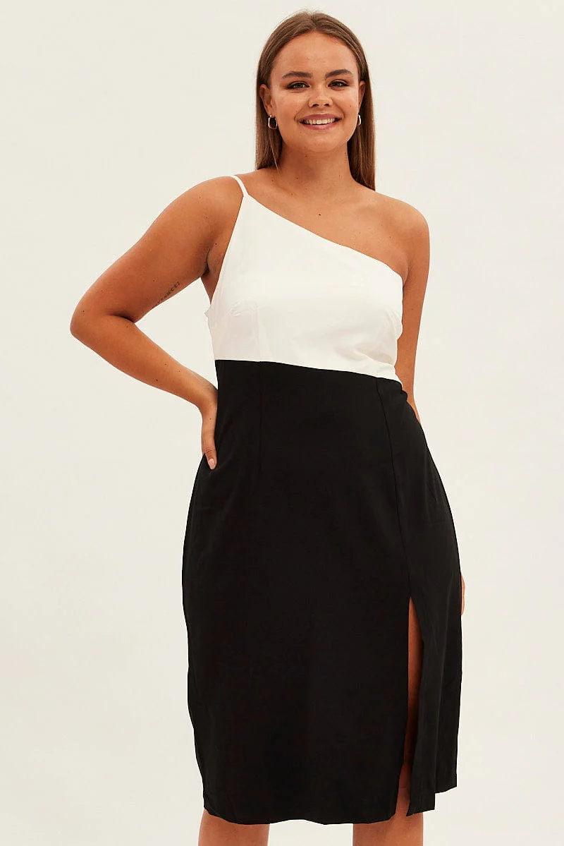Black Midi Dress Asymmetrical Color Block - Image 2
