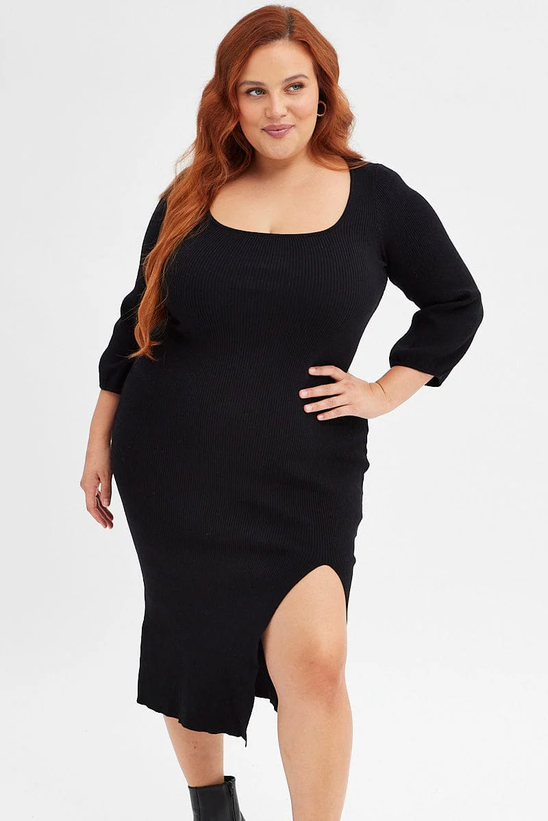Black Midi Dress Long Balloon Sleeve Sexy Split Knit - Image 2