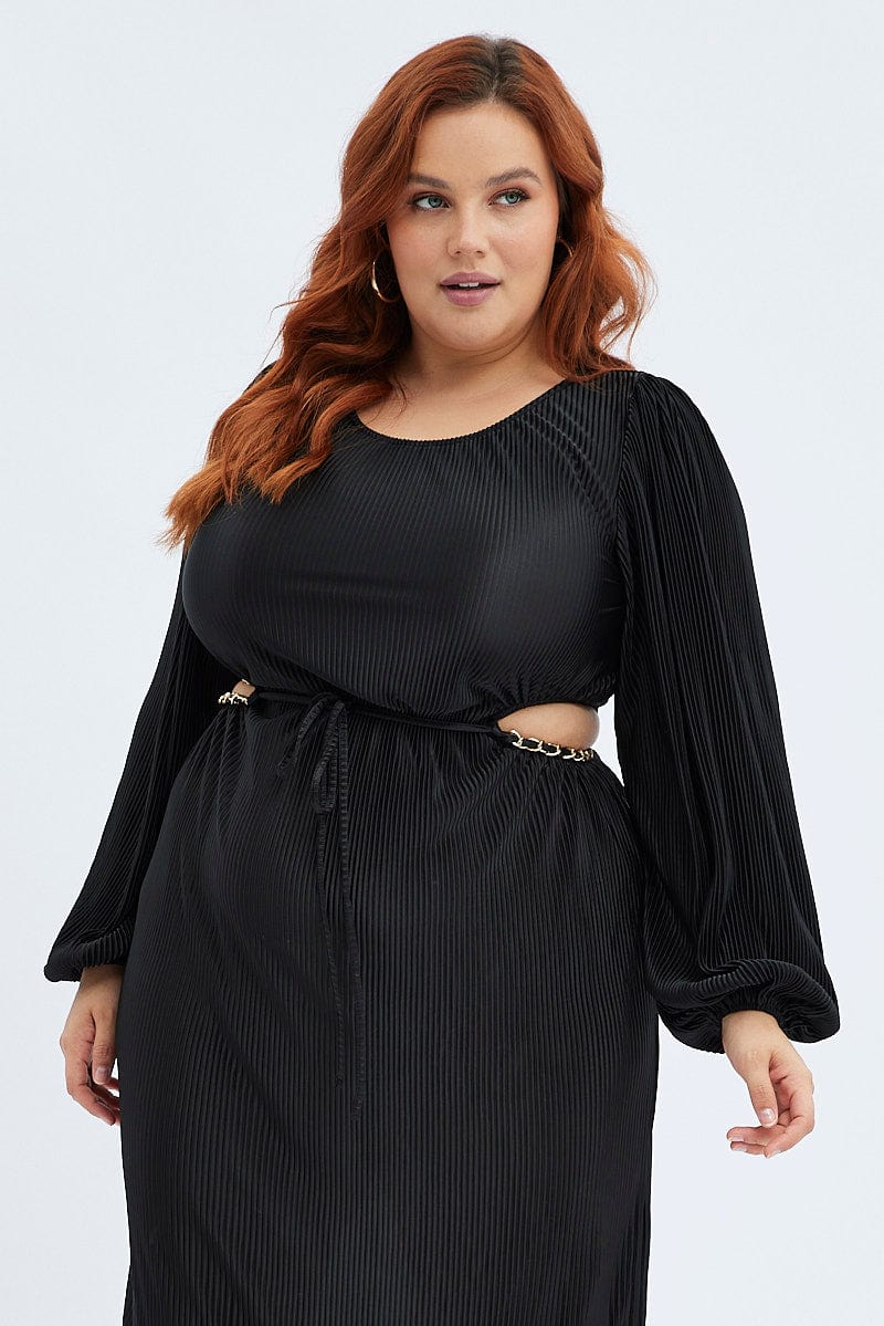 Black Midi Dress Long Sleeve Cut Out Plisse - Image 2