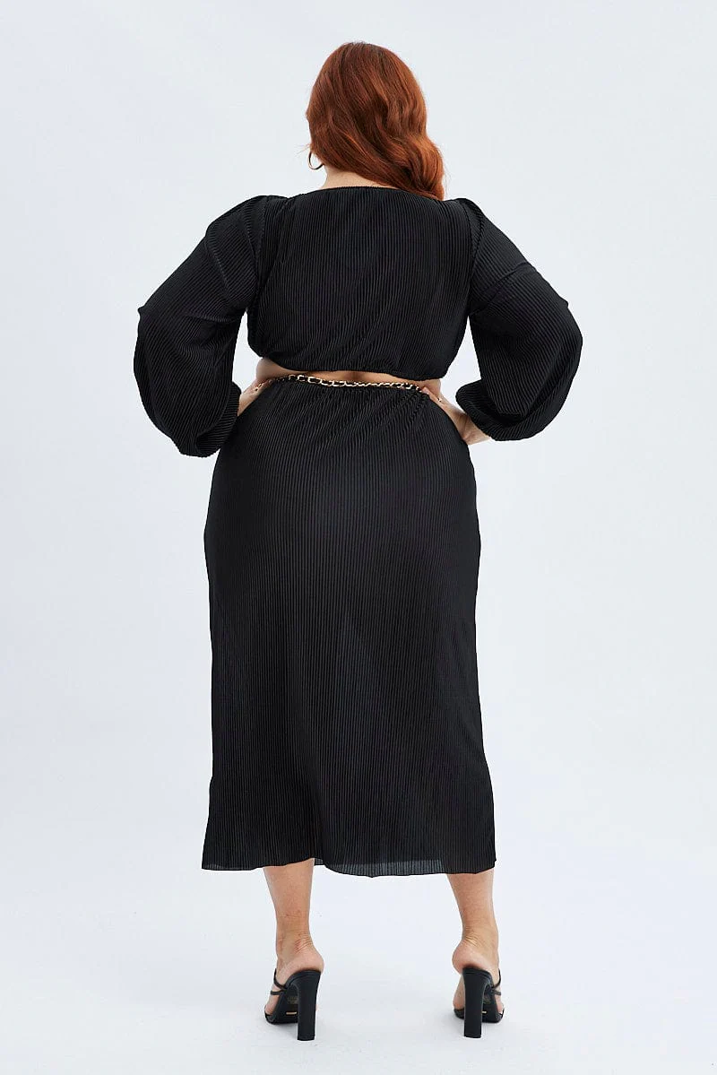 Black Midi Dress Long Sleeve Cut Out Plisse - Image 5