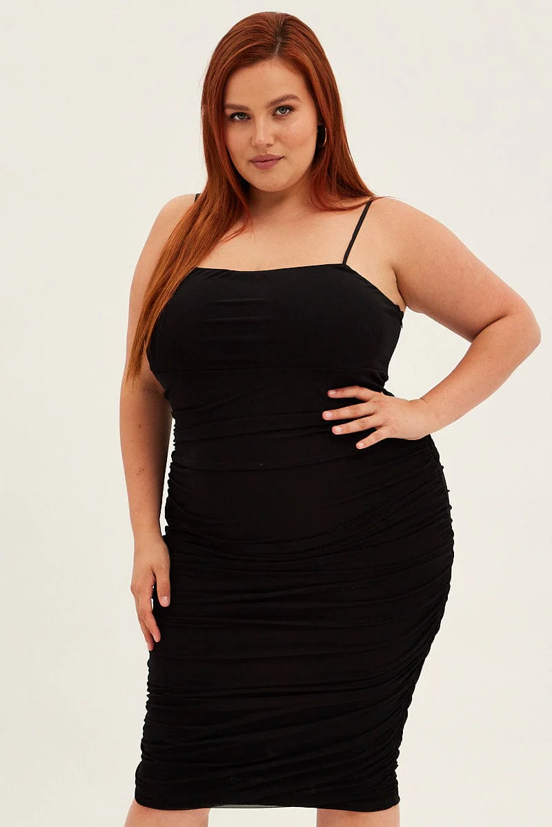 Black Midi Dress Mesh Ruched Side Shoestring Strap - Image 3
