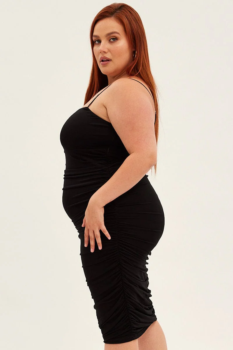 Black Midi Dress Mesh Ruched Side Shoestring Strap - Image 4