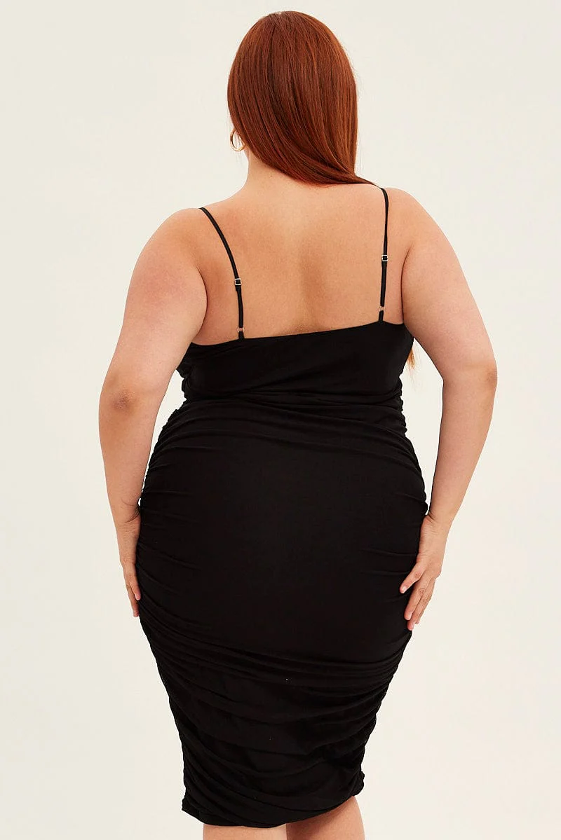 Black Midi Dress Mesh Ruched Side Shoestring Strap - Image 5