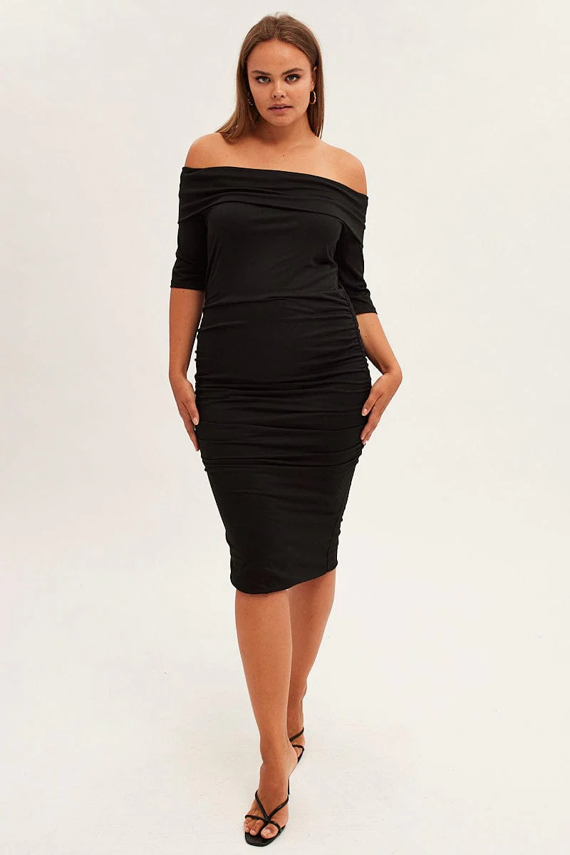 Black Midi Dress Off Shoulder Bodycon Jersey - Image 2