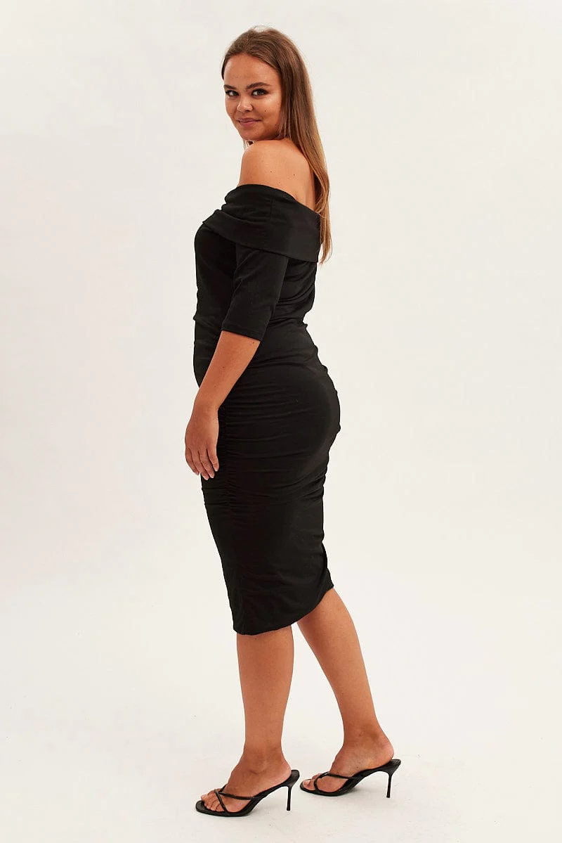 Black Midi Dress Off Shoulder Bodycon Jersey - Image 4