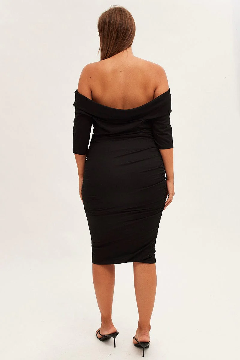 Black Midi Dress Off Shoulder Bodycon Jersey - Image 5