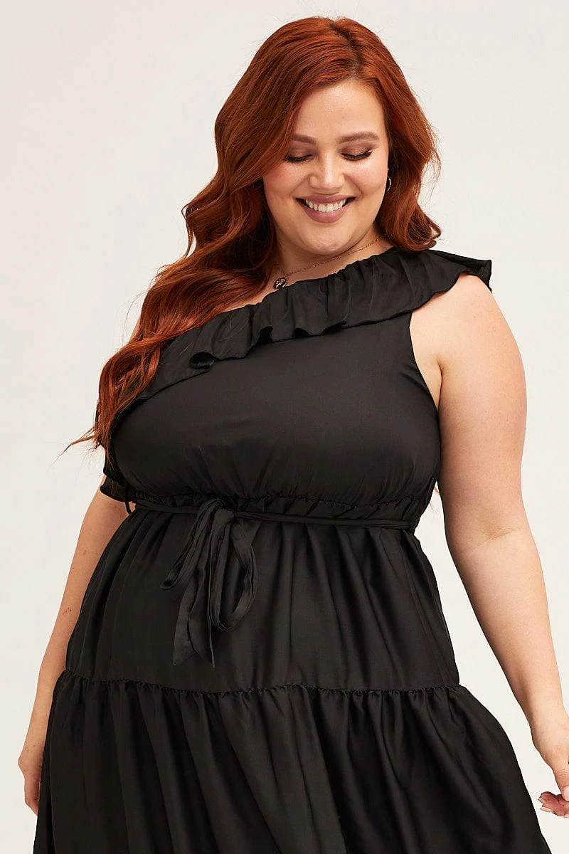Black Midi Dress One Frill Shoulder - Image 2