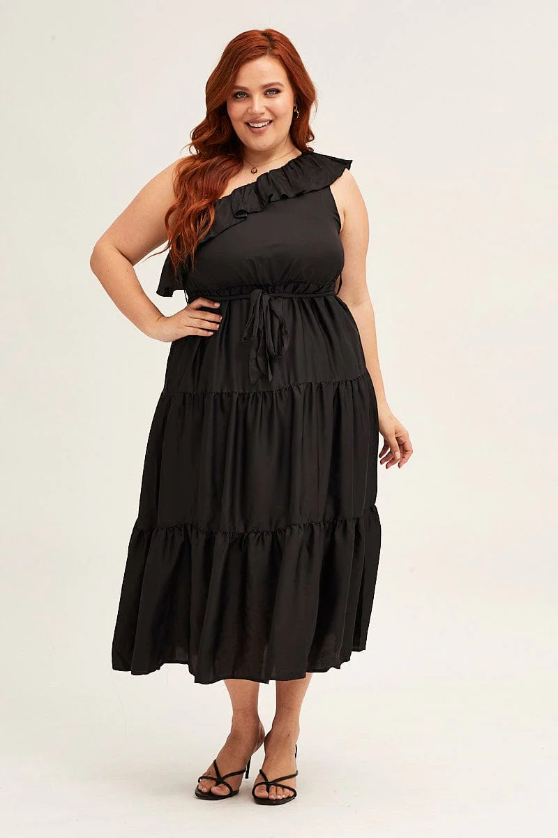 Black Midi Dress One Frill Shoulder - Image 3
