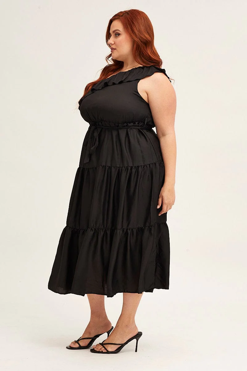 Black Midi Dress One Frill Shoulder - Image 4