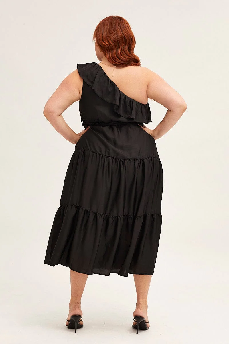 Black Midi Dress One Frill Shoulder - Image 5