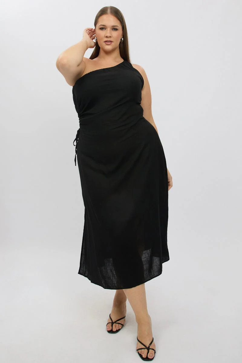 Black Midi Dress One Shoulder Side Cut Out - Image 3