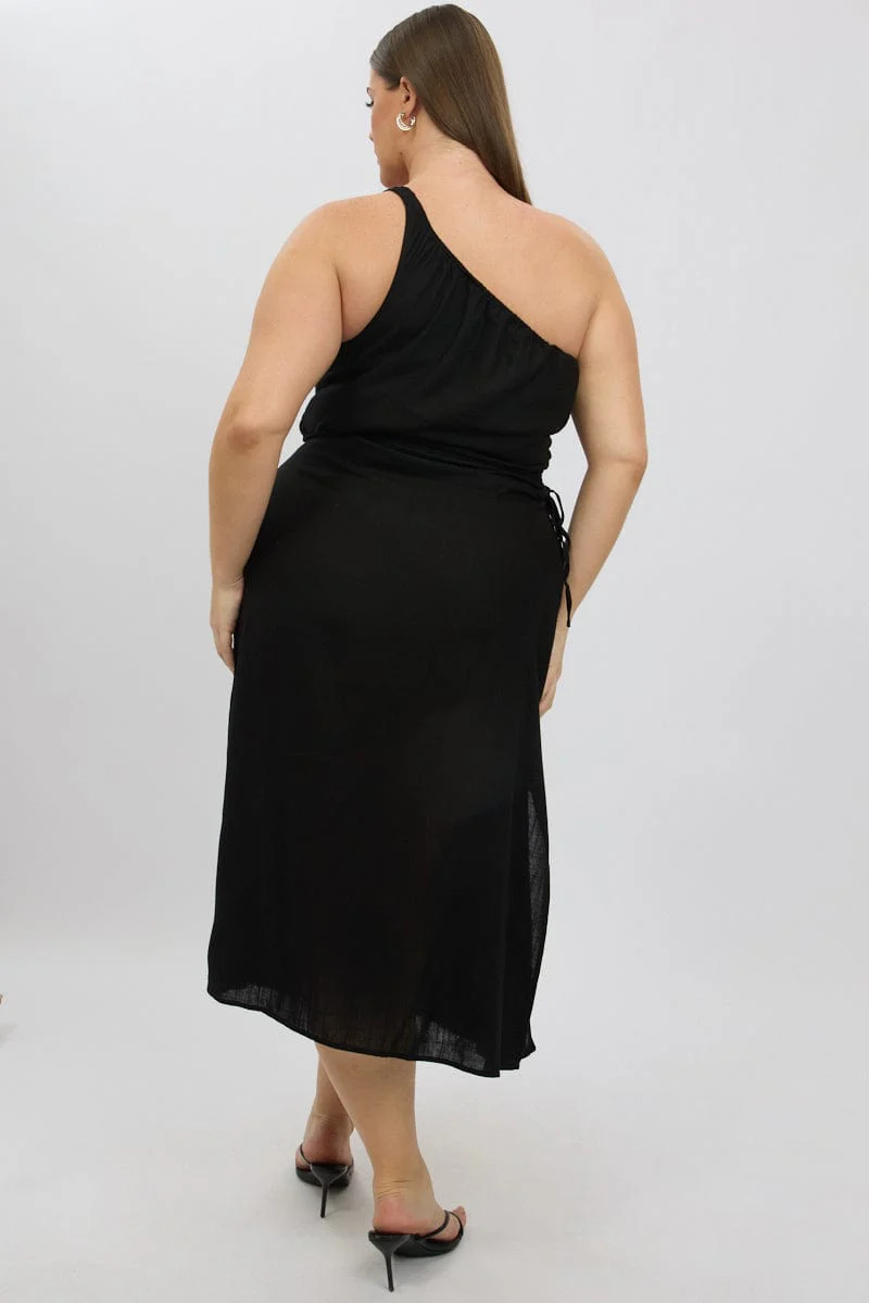 Black Midi Dress One Shoulder Side Cut Out - Image 5