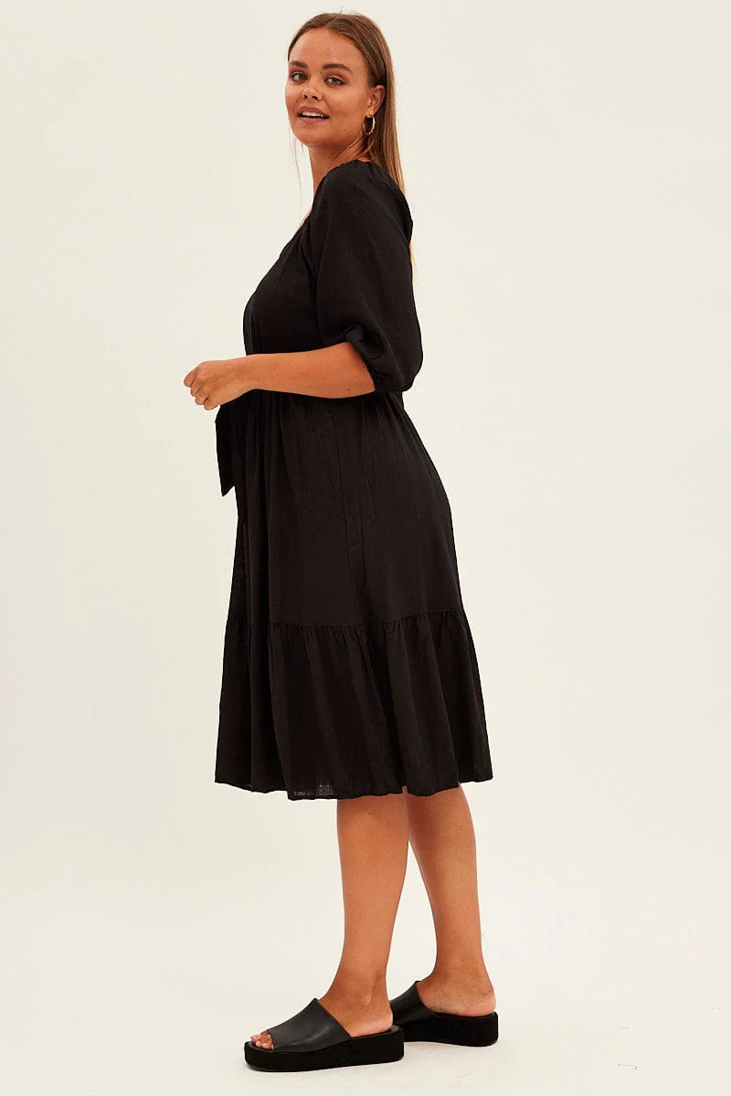 Black Midi Dress Puff Sleeve Belt Frill Hem - Image 4