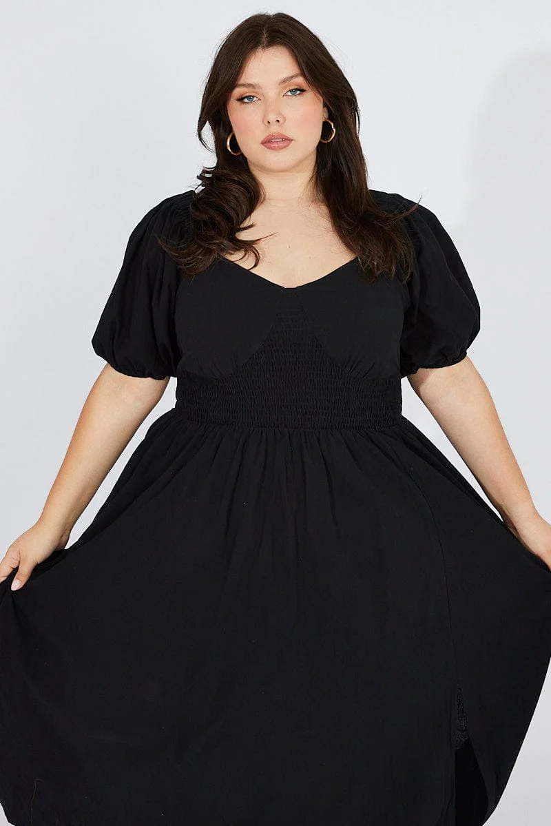 Black Midi Dress Puff Sleeve Front Split - Image 3