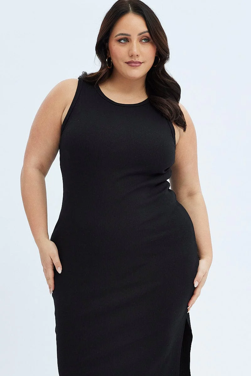 Black Midi Dress Rib Jersey Fitted Sleeveless - Image 2