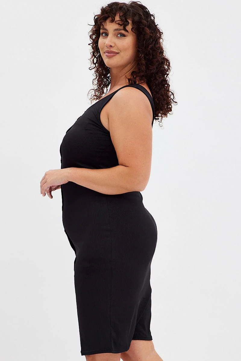 Black Midi Dress Rib Sleeveless Button Through - Image 4