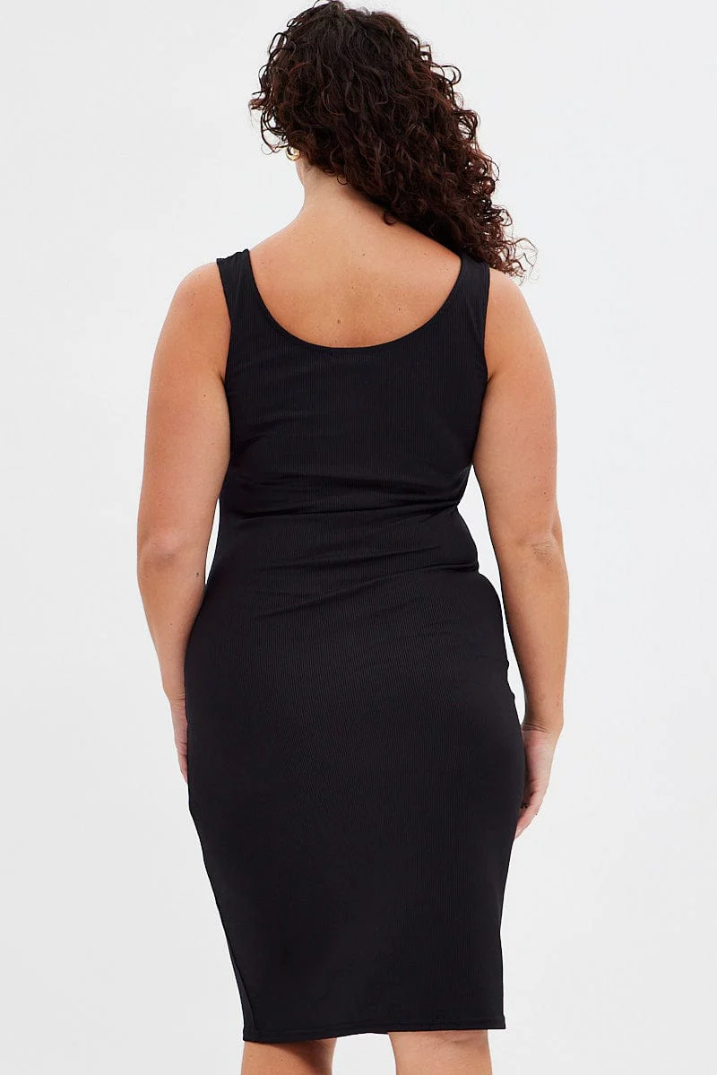 Black Midi Dress Rib Sleeveless Button Through - Image 5