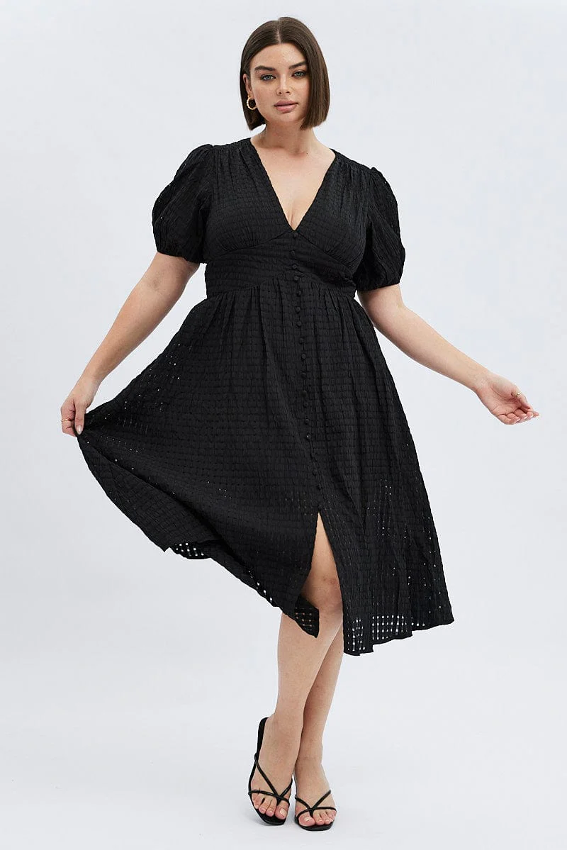 Black Midi Dress Short Puff Sleeve - Image 3