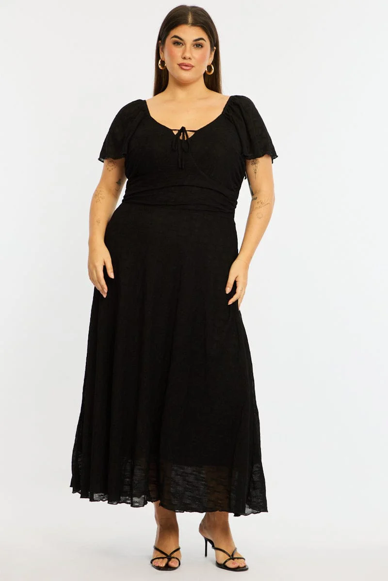 Black Midi Dress Short Sleeve Lace