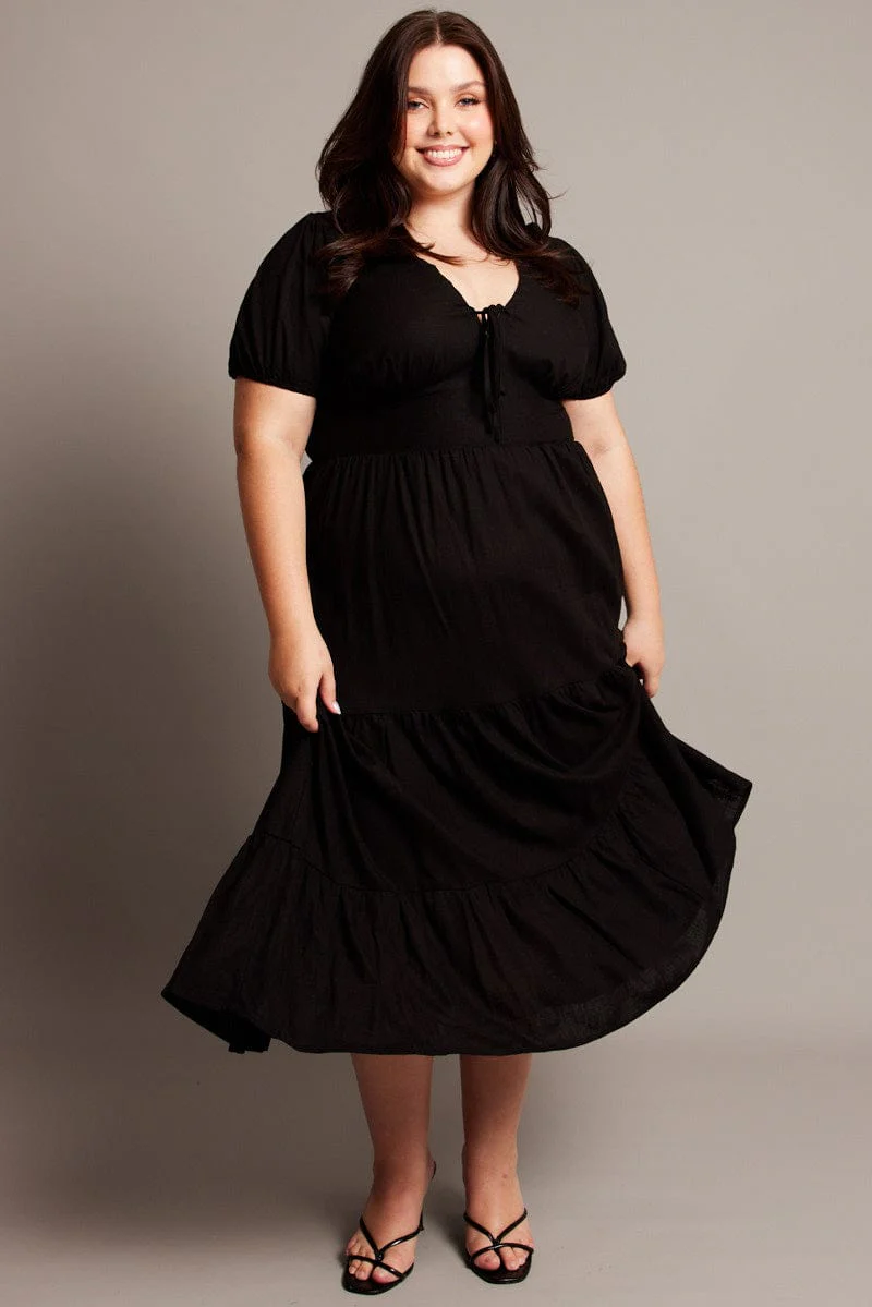 Black Midi Dress Short Sleeve Linen Blend - Image 3