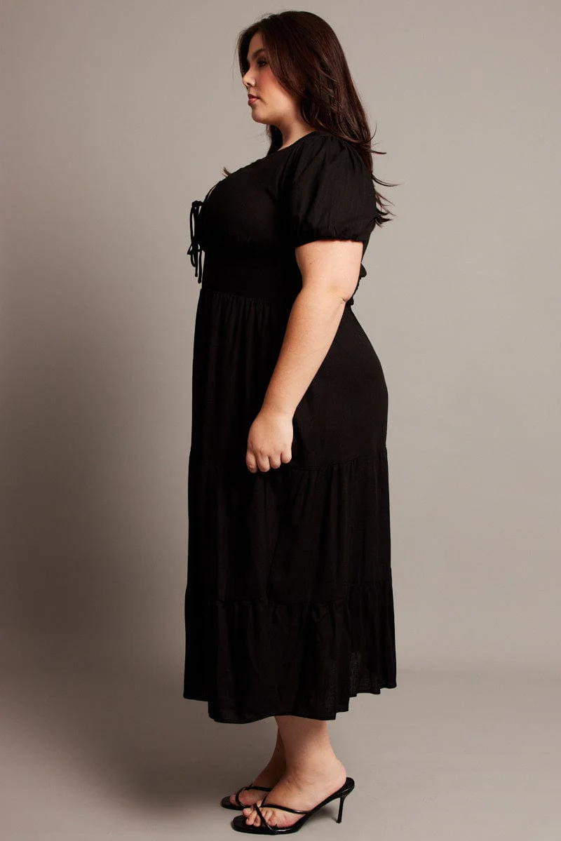 Black Midi Dress Short Sleeve Linen Blend - Image 4