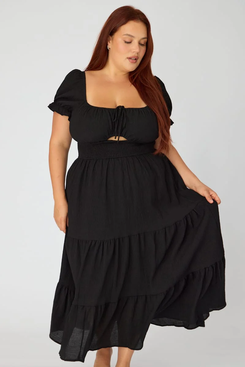 Black Midi Dress Short Sleeve Ruched Bust Cut Out - Image 2