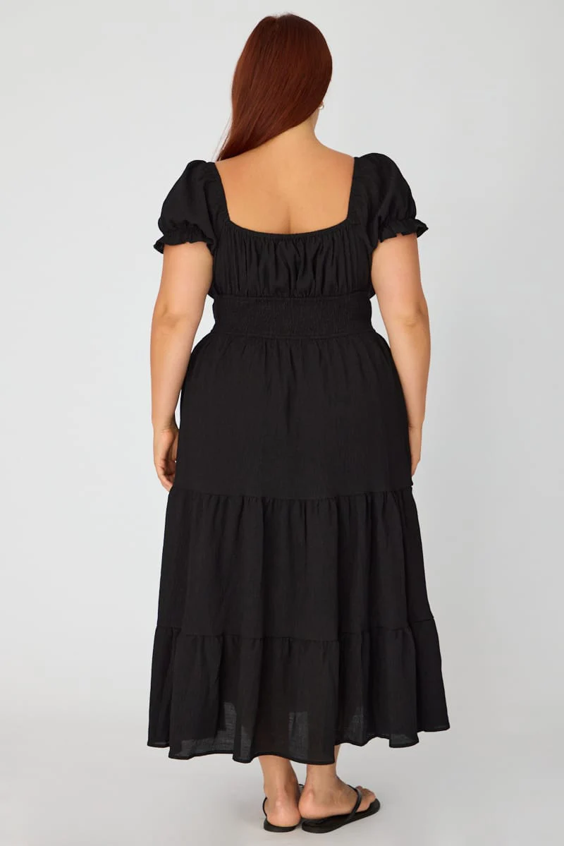 Black Midi Dress Short Sleeve Ruched Bust Cut Out - Image 4