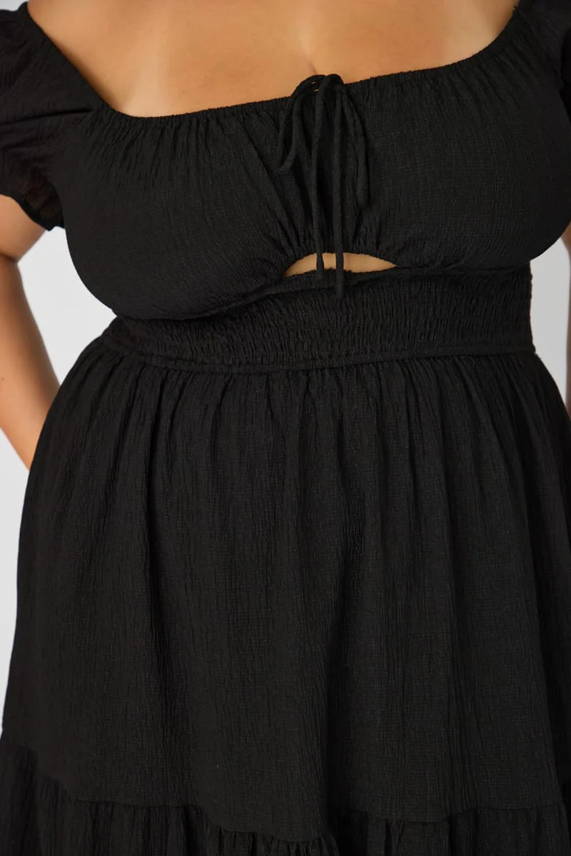 Black Midi Dress Short Sleeve Ruched Bust Cut Out - Image 5