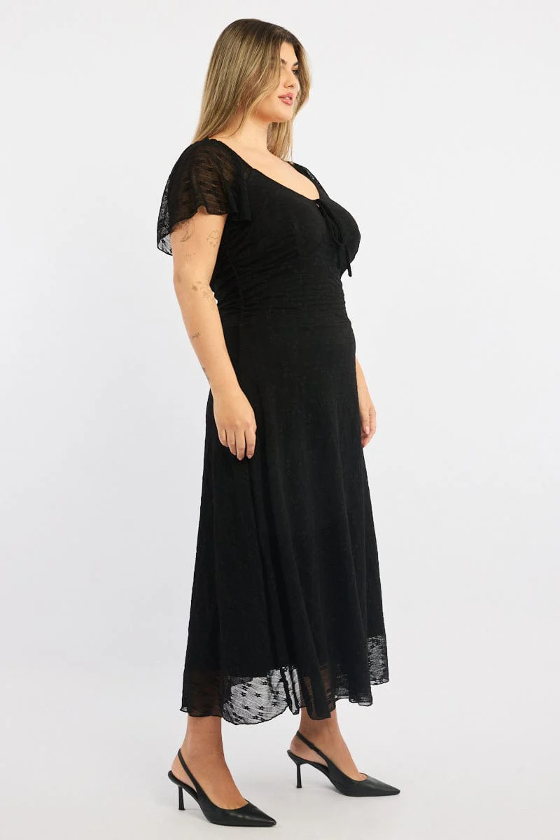 Black Midi Dress Short Sleeve Ruched Lace - Image 3