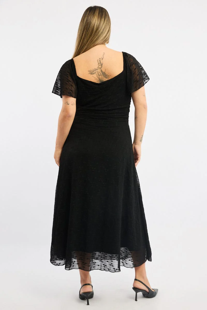 Black Midi Dress Short Sleeve Ruched Lace - Image 4
