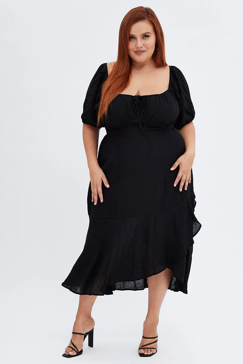 Black Midi Dress Short Sleeve Ruffle Ruched Bust - Image 3