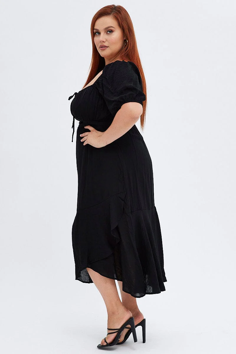 Black Midi Dress Short Sleeve Ruffle Ruched Bust - Image 4