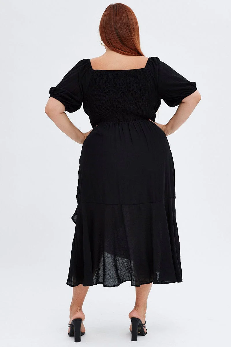 Black Midi Dress Short Sleeve Ruffle Ruched Bust - Image 5