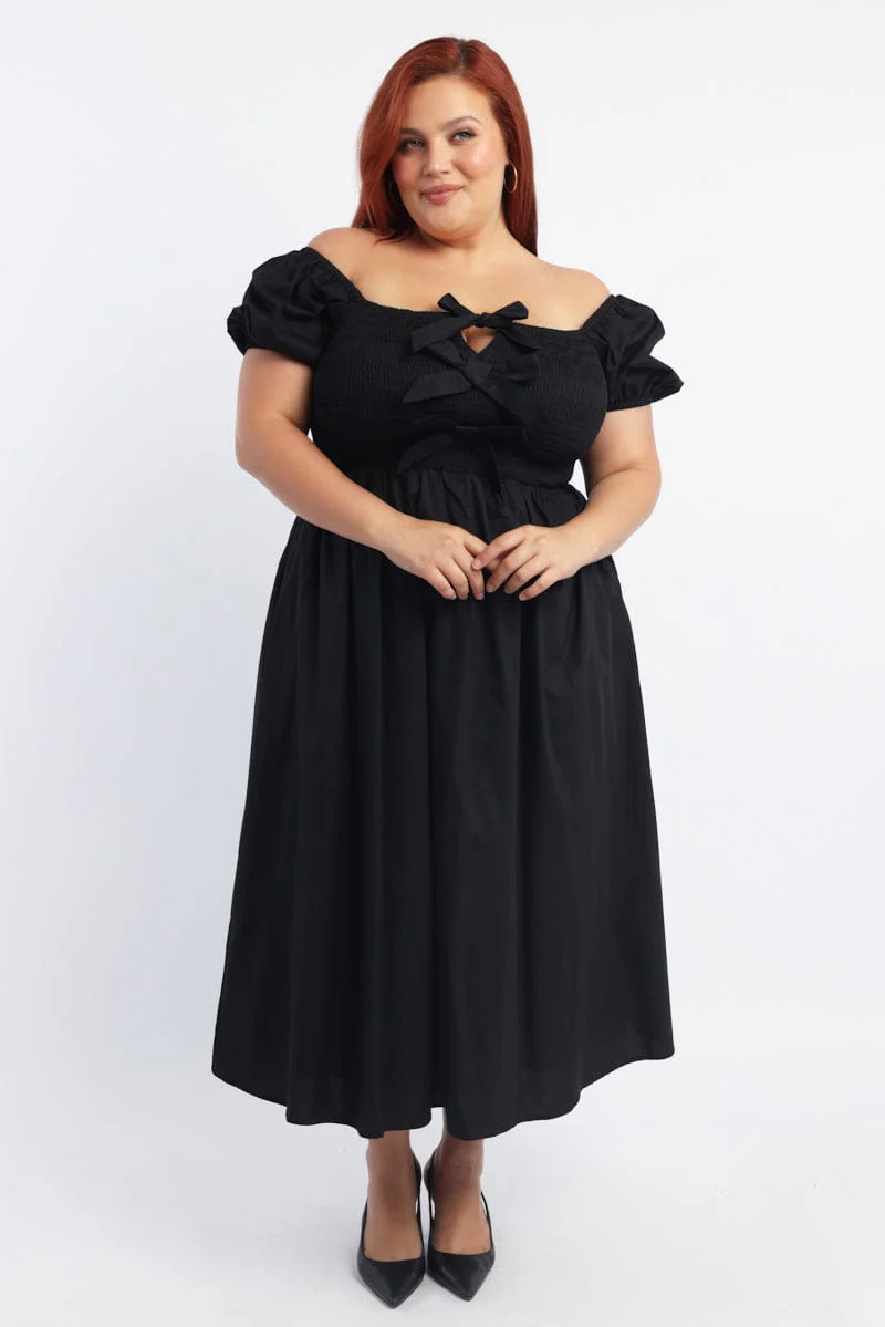 Black Midi Dress Short Sleeve Shirred Body Ribbon Front
