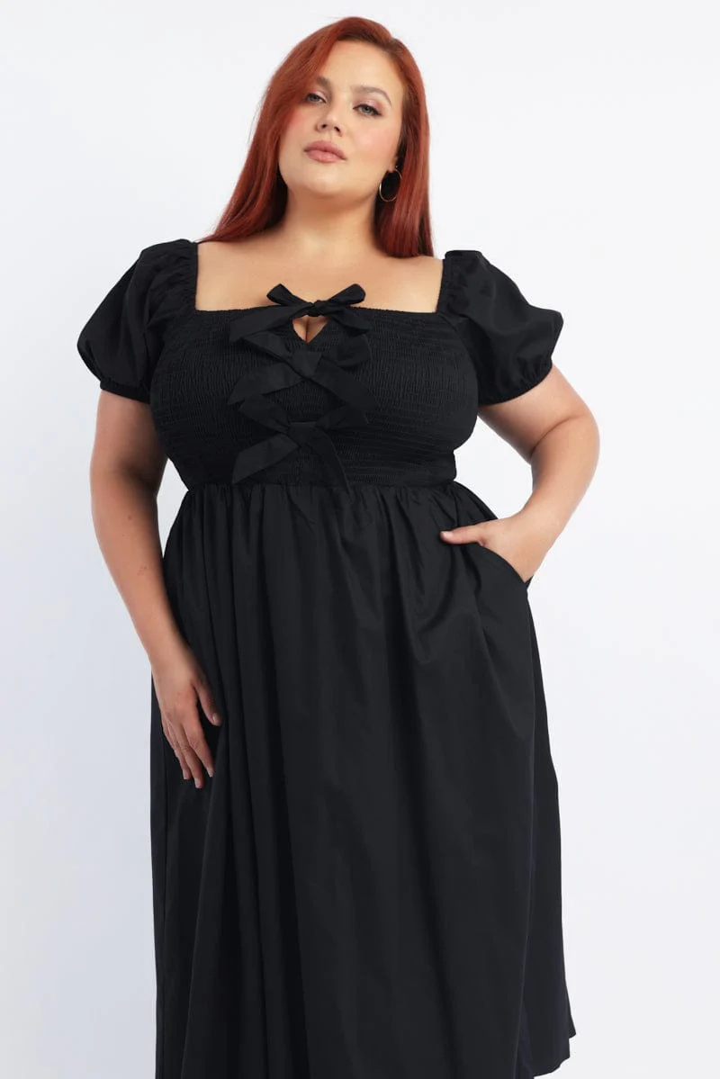 Black Midi Dress Short Sleeve Shirred Body Ribbon Front - Image 2